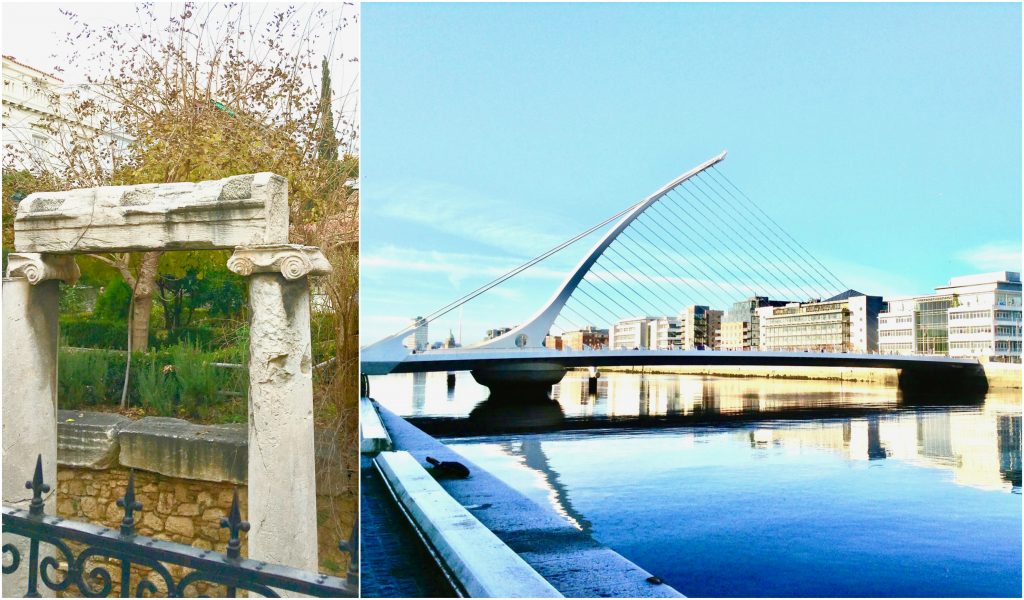 Street scenes like Aghia Ekaterini Square, Athens, and the Samuel Beckett Bridge in Dublin, Ireland show why walking is a great way of seeing the world close up. (Image @ Joyce McGreevy)