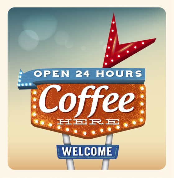 24-hour coffee roadsign, encouraging the art of travel. (Image © iStock/anna42f.)