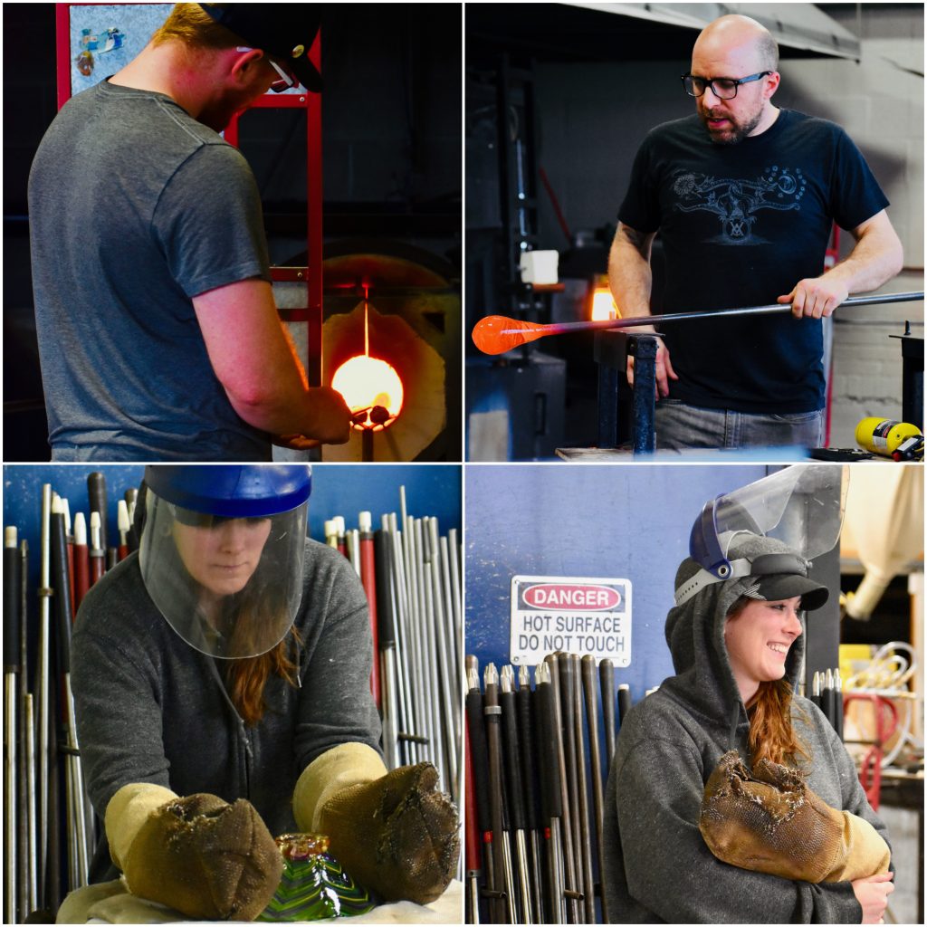 Glassblowers Daniel Hogan, Steve Hagan, and Jolene Boyce at Lincoln City Glass Center make glass floats, continuing a cultural tradition of the Oregon coast. (Image © Joyce McGreevy)