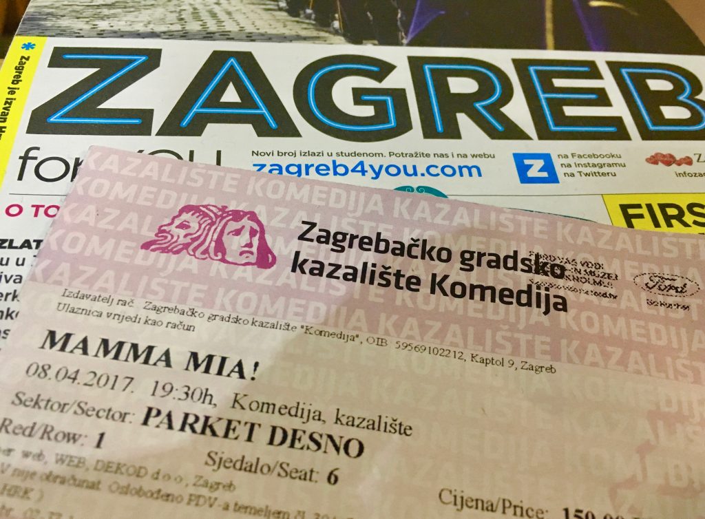 A theatre ticket in Zagreb, Croatia exemplifies ways that global citizens can explore linguistic landscapes. (Image © Joyce McGreevy)