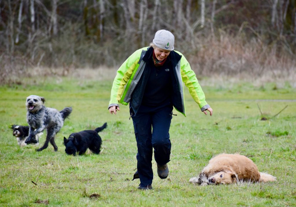 Meg Vogt and dogs enjoy a run at a leash-free dog park in Portland, Oregon. (Image © Joyce McGreevy)
