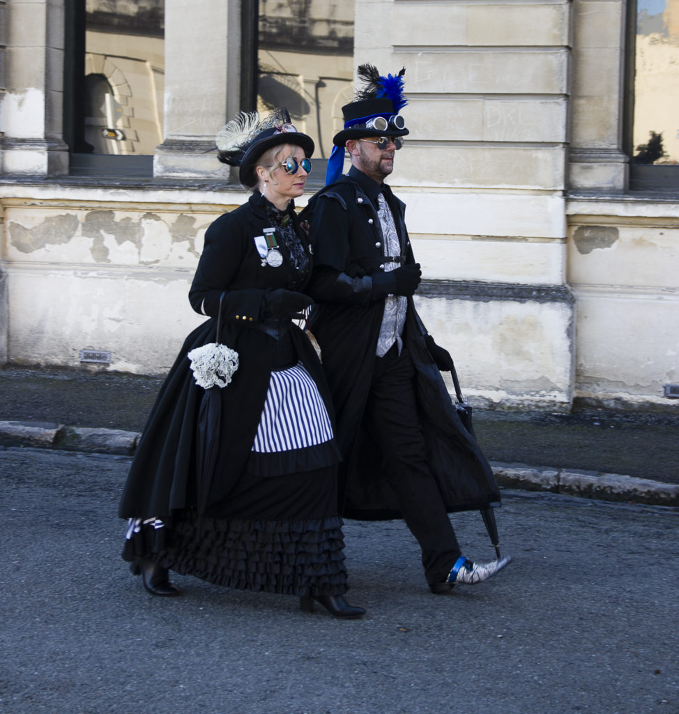 A couple in “full steam” costumes reflect the Victorian cultural heritage and creative thinking of Steampunk Festival NZ in Oamaru, New Zealand. (Image © Malcolm and Annette. Whyte / M&A Whyte Photography ) 