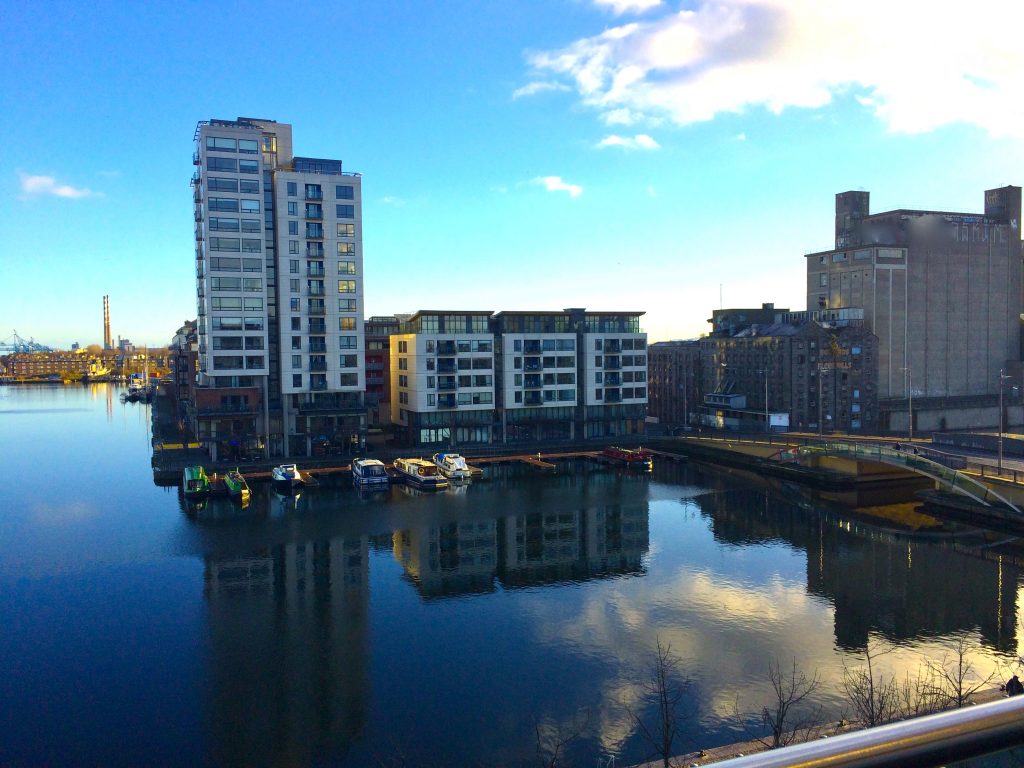 An urban view of the Grand Canal, Dublin counters cultural stereotypes of Ireland as “quaint” and “rural.” (Image © Joyce McGreevy)