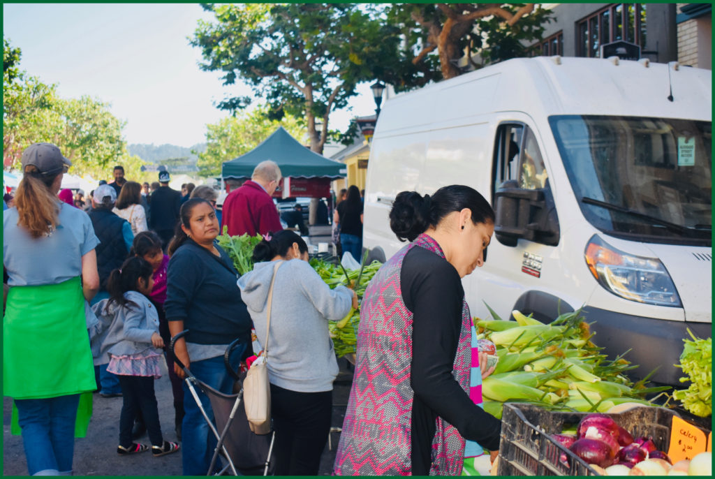 People at the farmers markets on Alvarado Street, Monterey find a variety of organic fruits and vegetables. (Image © Joyce McGreevy) 