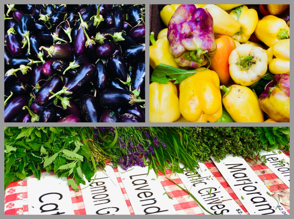 A collage of organic vegetables and herbs reflects the bounty of the American farmers market. (Image © Joyce McGreevy)