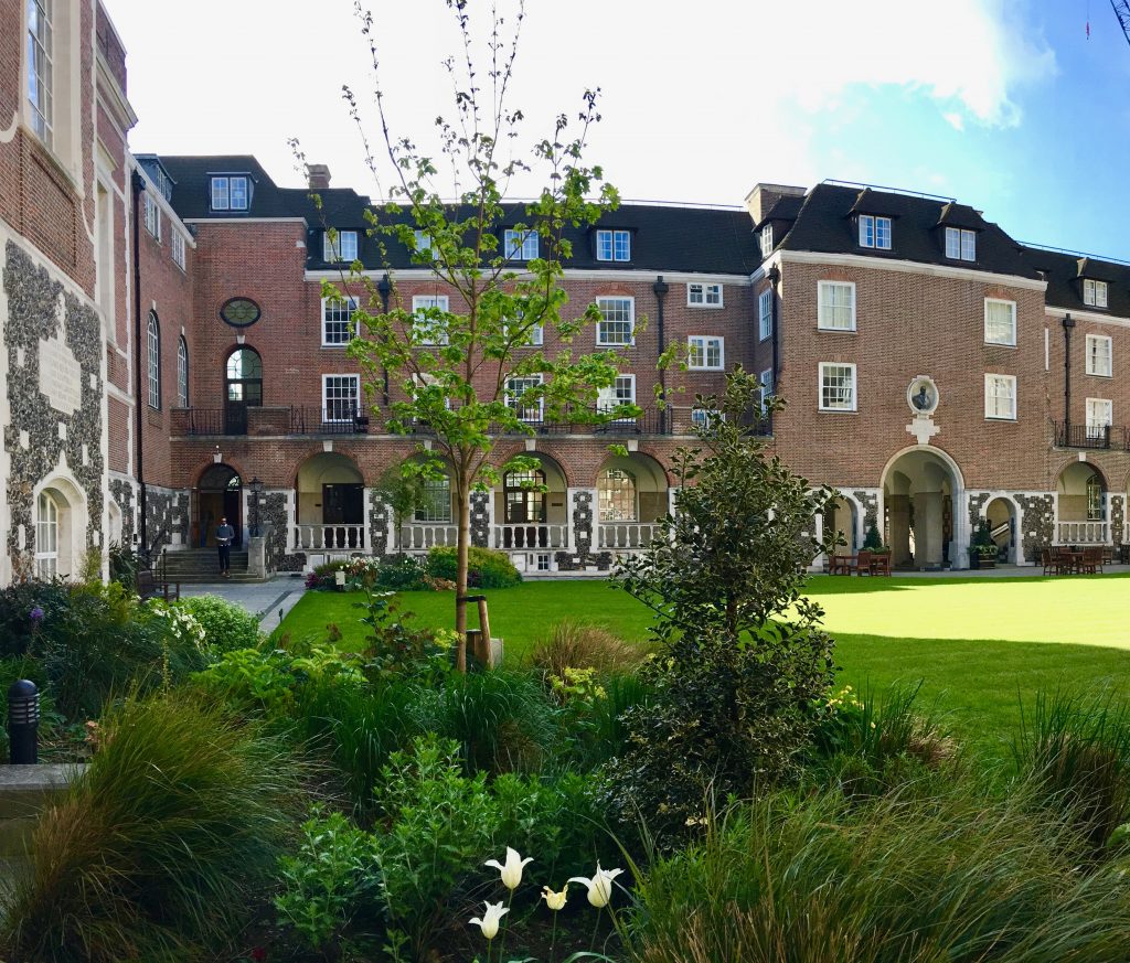 The quad at Goodenough College, London greets A dorm room at Carr-Saunders Hall, London satisfies the wanderlust of world travelers on budgets. (Image © Joyce McGreevy)