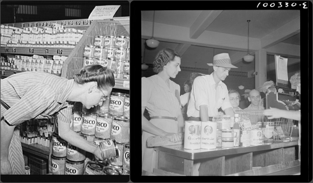 People shopping for groceries in the 1940s reflect the switch from farmers markets to supermarkets. (Image Library of Congress)