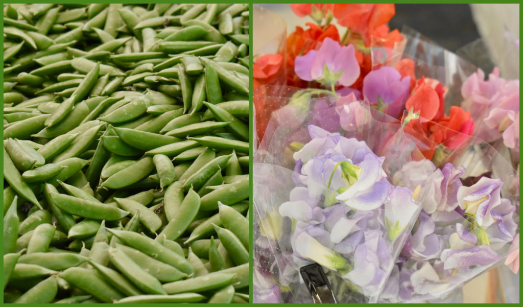 Snap peas and sweet peas reflect the organic vegetables and flowers found at farmers markets. (Image © Joyce McGreevy)