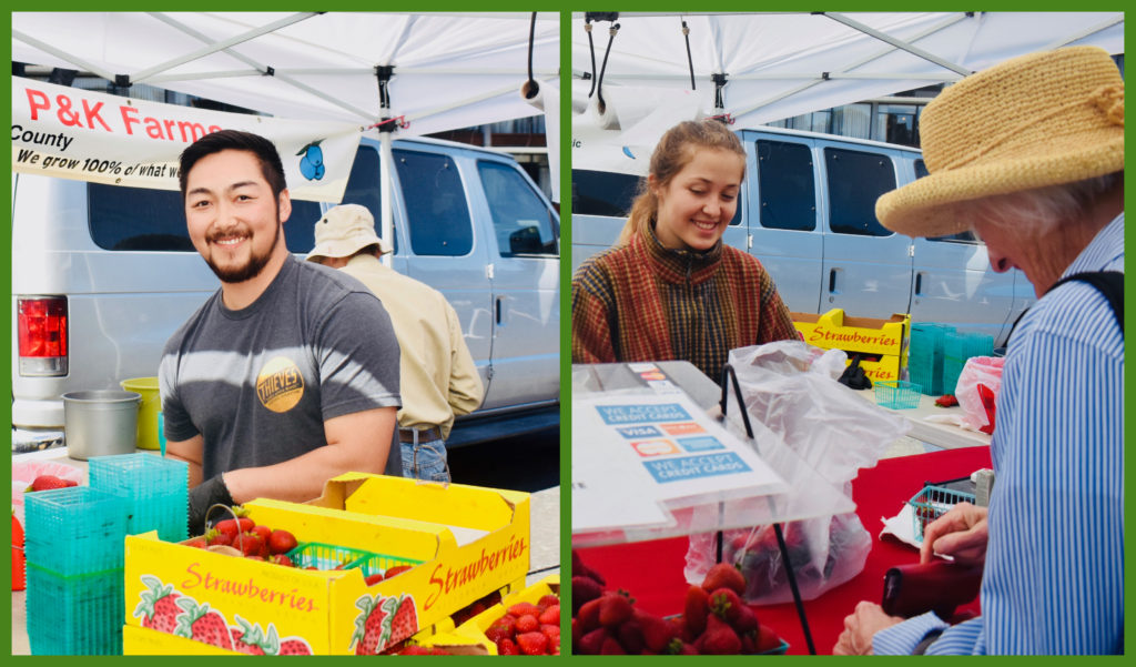 Vendors from P&K Farms reflect the appeal of buying direct from the growers at farmers markets. (Image © Joyce McGreevy)