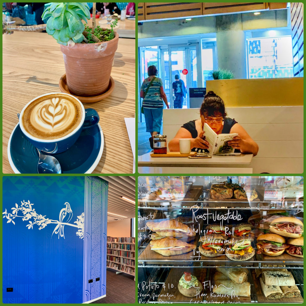 A collage of library cafes, coffee, café sandwiches, and a woman reading, shows why wanderlust leads travelers to public libraries, or library tourism, around the world. (Image © Joyce McGreevy)