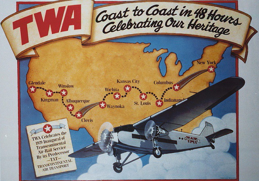 A vintage TWA poster about aviation heritage evokes travel inspiration. (Image in the public domain)