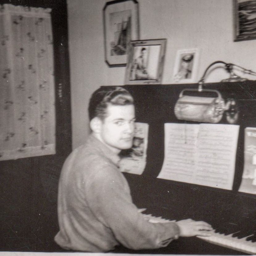 A young man at a piano will one day become a TWA pilot and a source of travel inspiration to his children. (Image © McGreevy archives)