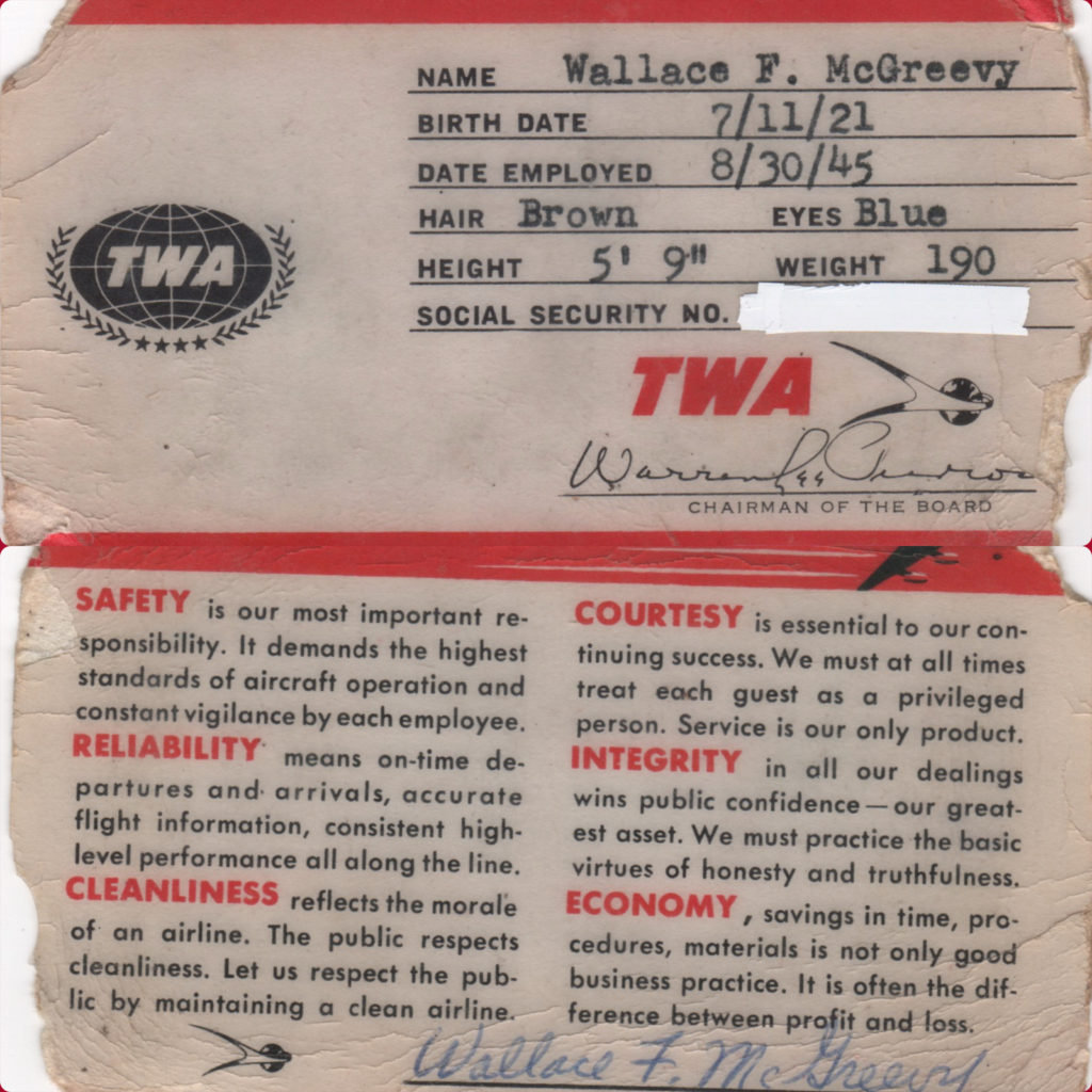 The wallet I.D. card of a TWA pilot displays the qualities that made Trans World Airlines popular with passengers and beloved by TWA alumni and families. (Image © McGreevy archives)