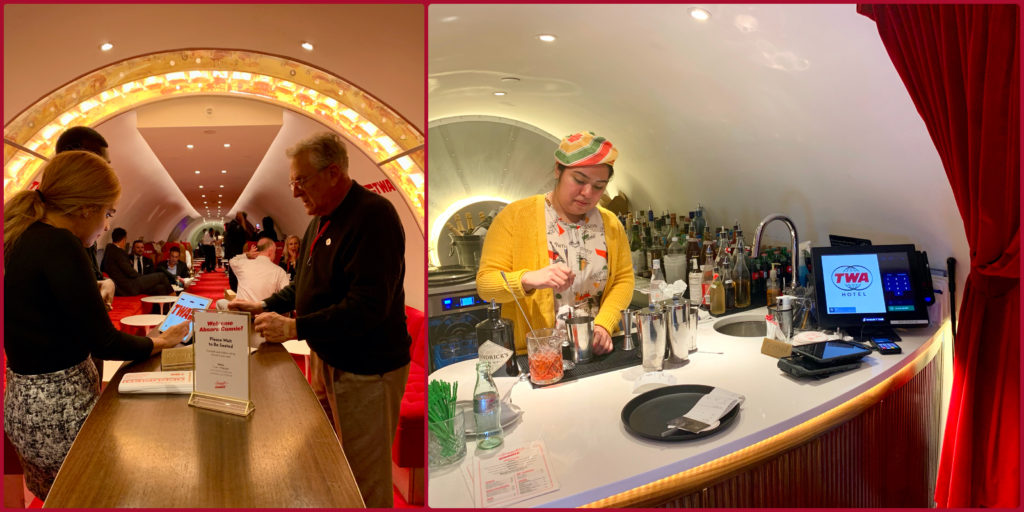 The interior of the TWA Constellation, or “Connie,” an airplane at the TWA Hotel, JFK Airport NY, now fitted out as a cocktail bar evokes travel memories of the glamorous Trans World Airlines. (Image © Joyce McGreevy)