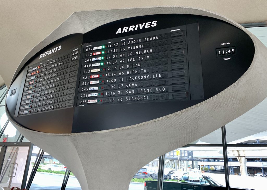 The newly restored Solari board at the TWA Hotel at JFK Airport New York seen during the TWA Reunion evokes travel memories of Trans World Airlines. (Image © Joyce McGreevy)
