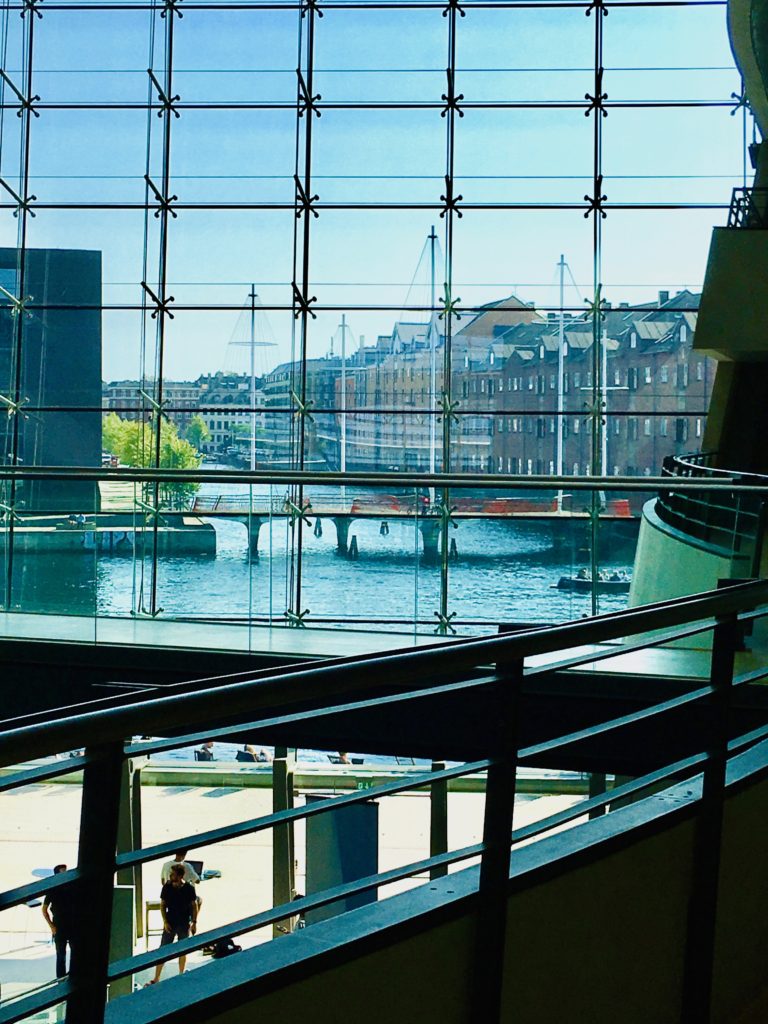 A glass wall in Copenhagen, Denmark evokes the cross-cultural stories of doors and windows. (Image © Joyce McGreevy)