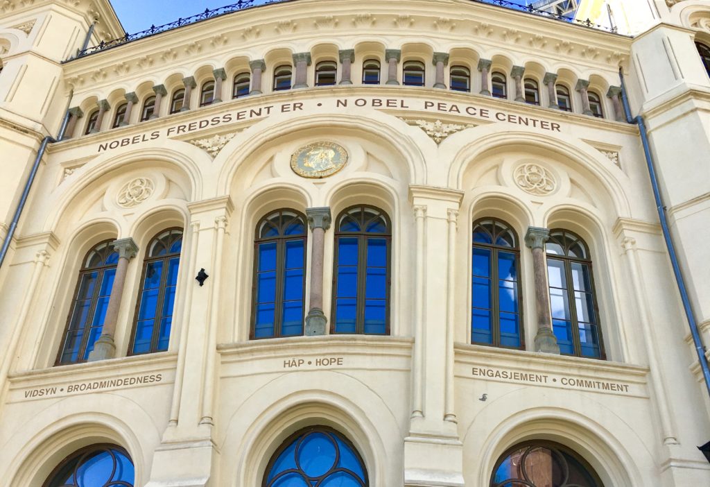 An exterior view of the Nobel Peace Center, Oslo, Norway evokes the cross-cultural stories of doors and windows. (Image © Joyce McGreevy)