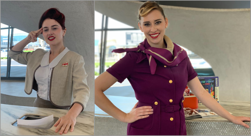 TWA Hotel crew model TWA vintage designer uniforms. L to R: Pearls Daily in 1965 Balmain and Sarah Conrad in 1970s Valentino. (Image © Joyce McGreevy)