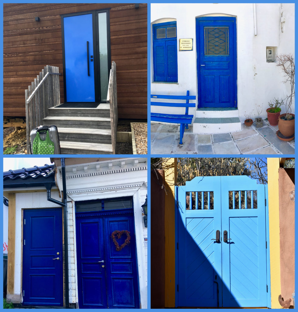 A collage of entryways in New Zealand, Greece, New Mexico, and Norway evokes the cross-cultural appeal of blue doors. (Image © Joyce McGreevy)