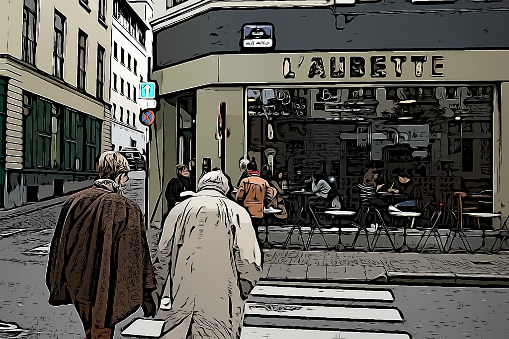A street scene in Brussels, featuring Café L'Aubette, inspires ideas for comic-book art, a cultural tradition in Belgium. (Image © Joyce McGreevy)