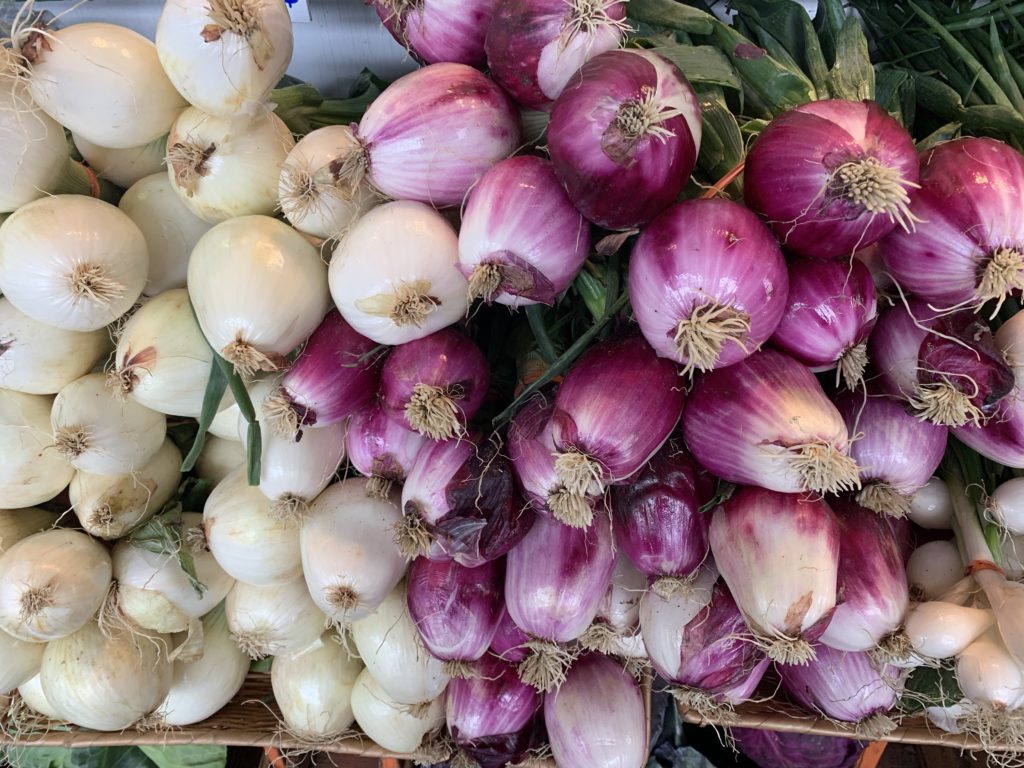 Piles of fresh onions, a food known for crossing cultures, showcase the appeal of this staple of global cuisine. (Image © Joyce McGreevy)