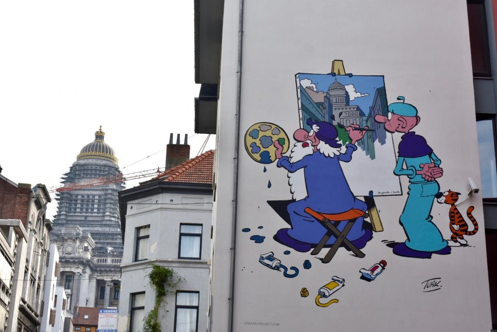 The Léonard mural by Turk in Brussels shows why comic books are a cultural tradition in Belgium. (Image © Joyce McGreevy)