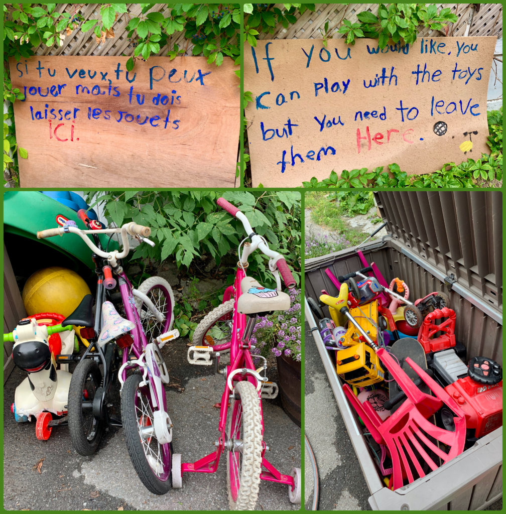 A collage of children’s toys and invitations to come play, seen on a ruelle verte in Montréal, Canada show how creative problem-solving through green alleys improves children's quality of life. (Image © Joyce McGreevy)