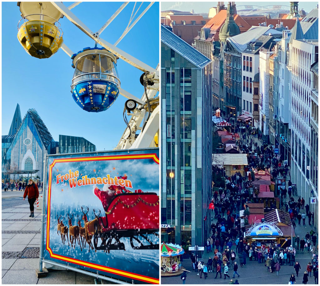 A Ferris wheel’s view of the Christmas market crowds in Leipzig, Germany shows why wanderlust draws people from all over the world to celebrate this popular German Christmas tradition. (Image © Joyce McGreevy)