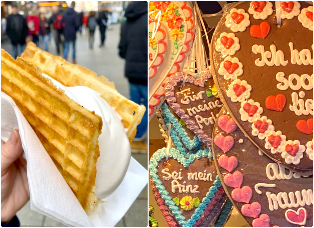 Waffles with vanilla cream and Lebkuchenherzen (gingerbread hearts) are popular traditional holiday foods in Leipzig, a destination that inspires wanderlust to explore Germany’s Christmas markets. (Image © Joyce McGreevy)