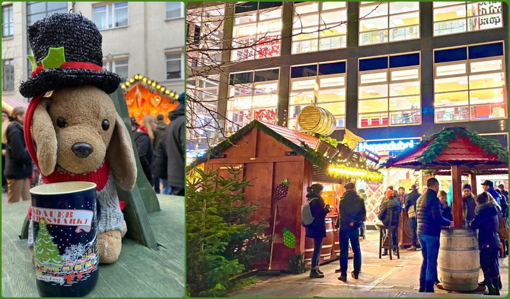 A travel mascot with a kinderpunsch mug and crowds enjoying gluhwein in Leipzig reflect the Germany Christmas traditions that inspire wanderlust to visit Germany’s Christmas markets. (Image © Joyce McGreevy)