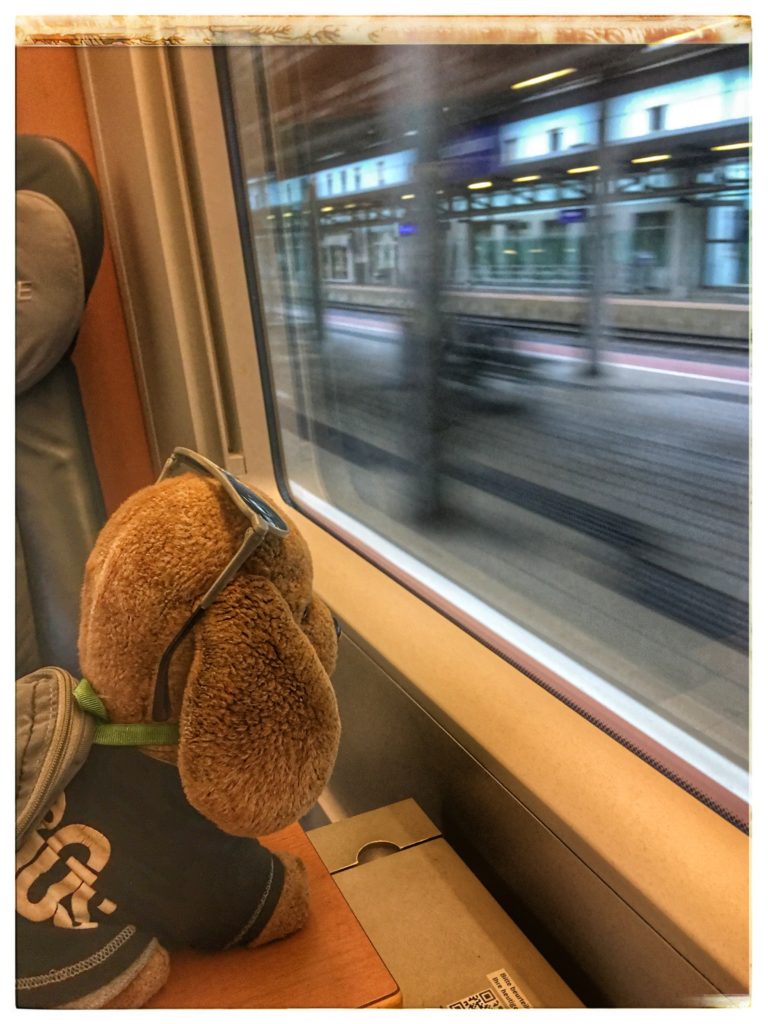 A toy dog on a train in Austria accompanies budget travel tips about saving on First-Class Economy travel. (Image © Joyce McGreevy) 
