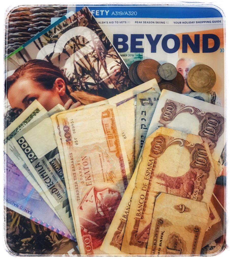 An array of old currency suggests a favorite budget travel tip about saving. (Image © Carolyn McGreevy) 