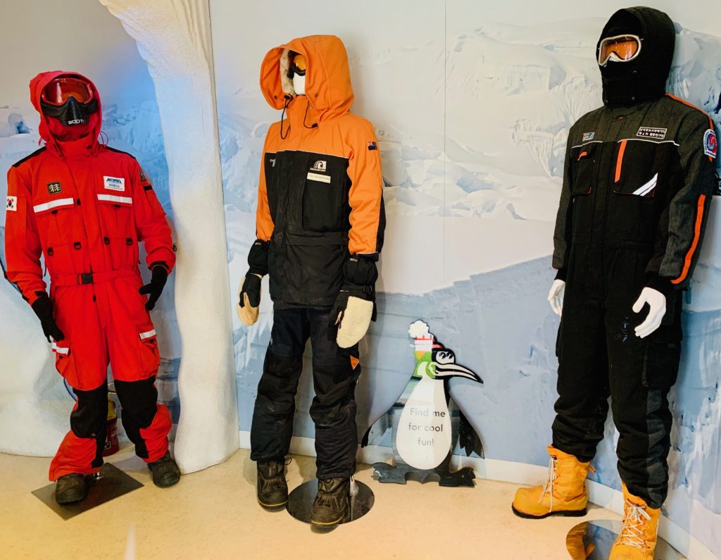 Extreme cold weather clothing on display at the International Antarctic Centre, in Christchurch New Zealand shows visitors how to dress for the coolest place on Earth. (Image © Joyce McGreevy)