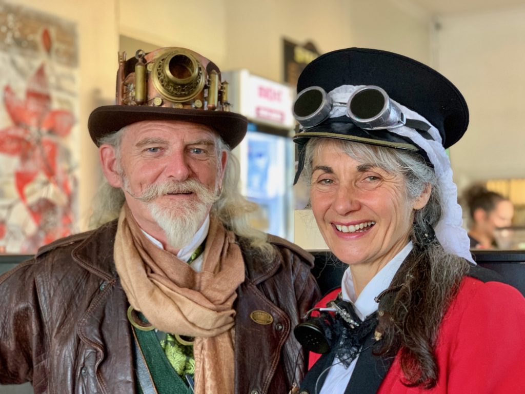 ain Clark (“Agent Darling”) and Helen Elizabeth Jansen (“La Falconesse”) launched Steampunk Festival NZ, which celebrates Victorian cultural heritage and creative thinking in Oamaru, New Zealand. (Image © Joyce McGreevy)