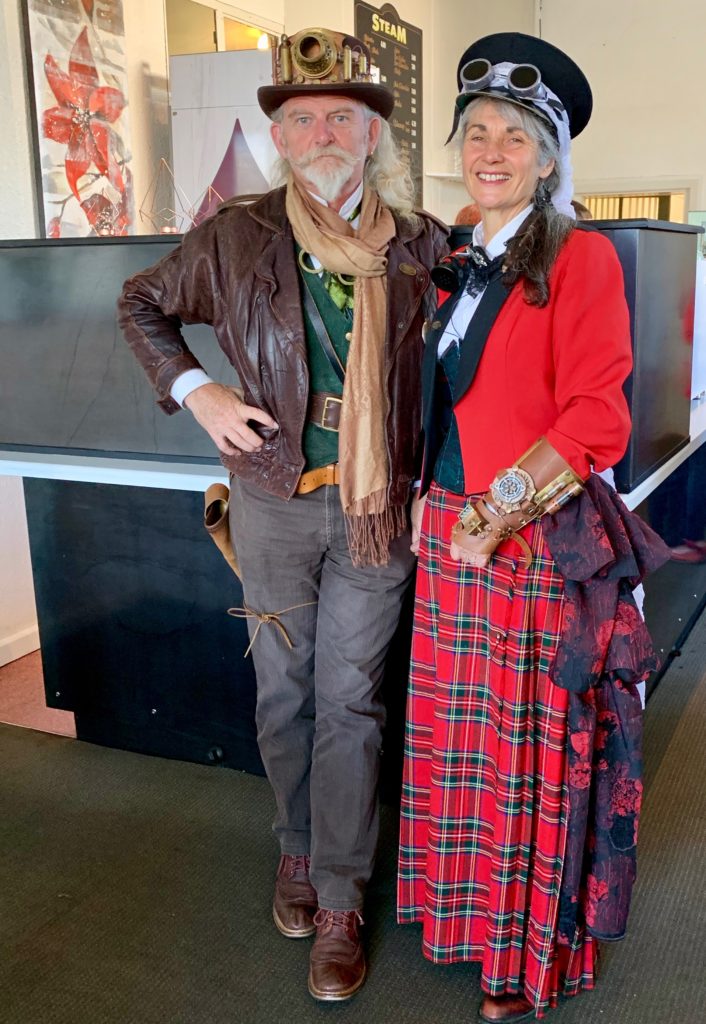 Iain Clark and Helen Elizabeth Jansen, organizers of Steampunk Festival NZ, pose in “full steam” to celebrate the Victorian cultural heritage and steampunk creative thinking of Oamaru, New Zealand. (Image © Joyce McGreevy)