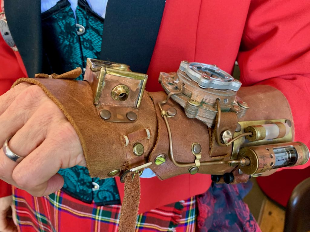 A steampunk glove belongs to La Falconesse (a.k.a. Helen Jansen, organizer of Steampunk Festival NZ, which celebrates the Victorian cultural heritage and creative thinking of Oamaru, New Zealand. (Image © Joyce McGreevy)
