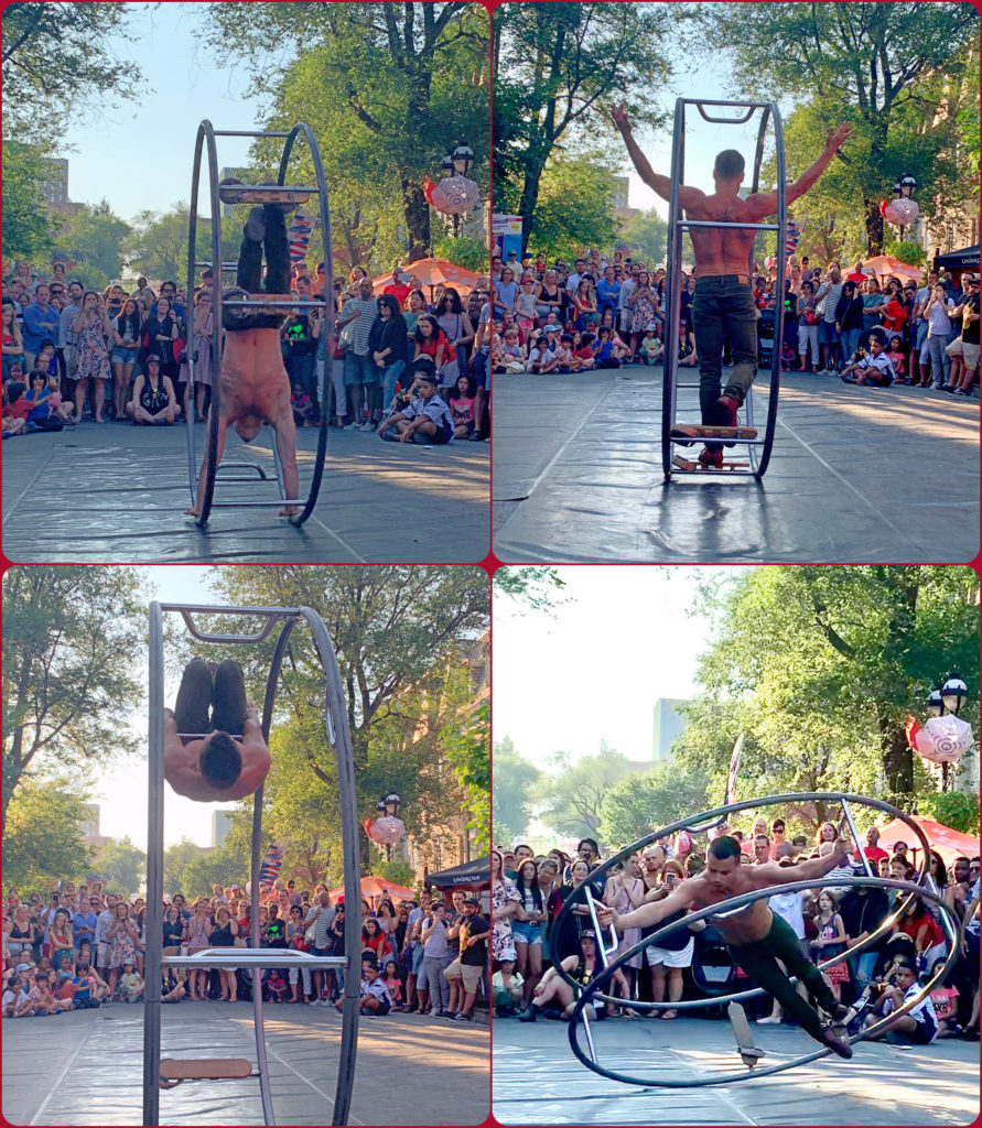 A circus artist performs for an audience on the Rue Maisonneuve, embodying the festive side of Montréal’s urban culture. (Image © Joyce McGreevy)