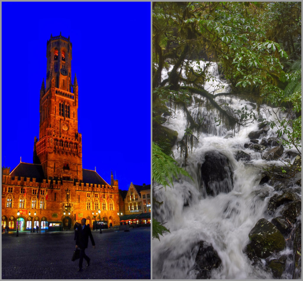 A bell tower in Bruges and a river in the Tongariro Forest, New Zealand suggest how audio recordings can capture travel memories. (Image © Joyce McGreevy)