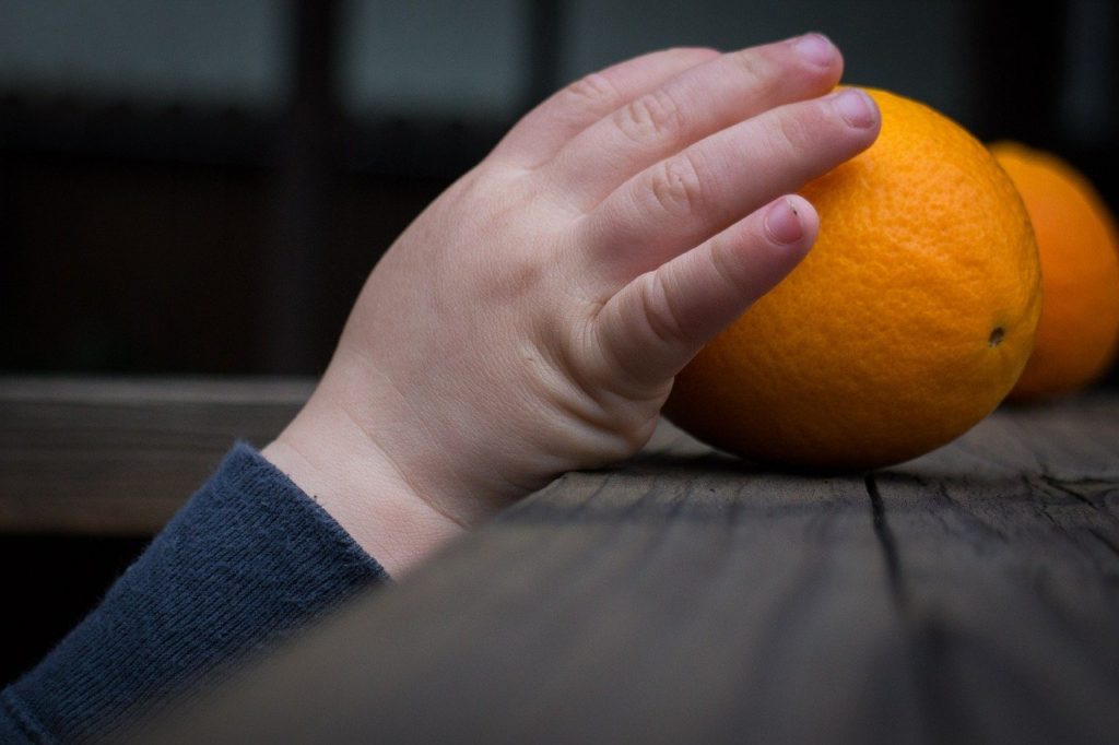 A child’s hand taking an orange embodies an language lesson in how to invent a word—borrow from another language, like the Arabic for “orange”, naranj. (Image by JoshMB and Pixabay)