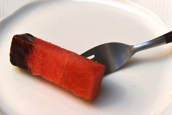 Chocolate-covered watermelon, showing cultural traditions of National Chocolate-Covered Anything Day. (Photo © Meredith Mullins.)