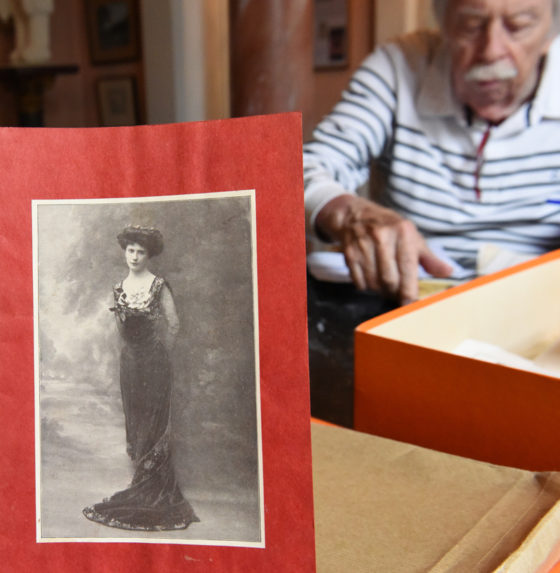 A old photograph in the foreground and Douglas Hawes in the background, showing that art discoveries can lead to new adventures and travels to the past. (Image © Meredith Mullins.)