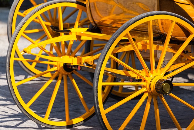 Wagon wheels exemplify how skeuomorphic design embeds the cultural memory of older objects, such as wheel spokes, into newer objects, such as cars. (Image by British and Pixabay)