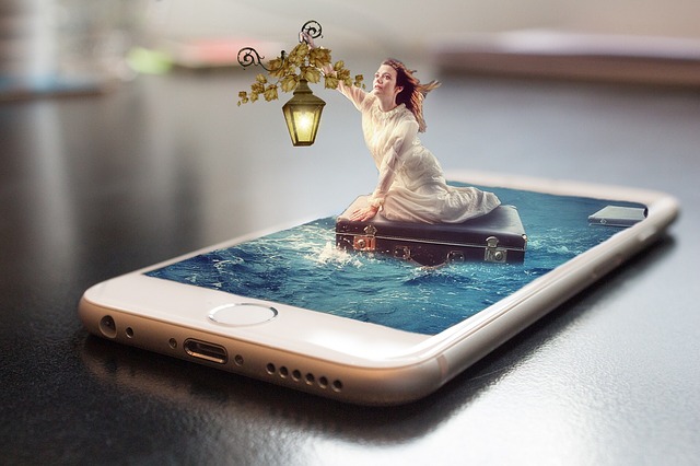A smartphone screen whimsically depicting a 3-D figure navigating a body of water shows that apps like neoumorphs and skeuomorphs may one day only a cultural memory of old-school design. (Image by PixelLoverK3 and Pixabay)