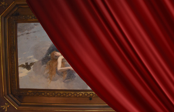 A Humbert painting unveiled via curtain, showing art discovers that can inspire travels to the past. (Image © Meredith Mullins and Charlie Meagher.)