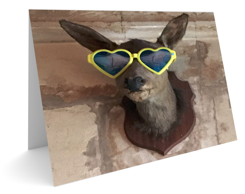 Deer head with heart-shaped glasses on a funny valentine card, part of the cultural traditions of Valentine's Day. image © Sheron Long