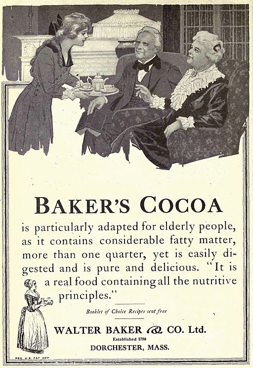 A vintage ad for Baker’s chocolate features in the culinary travel adventure of a writer on the trail of food origin stories. (Public domain image)