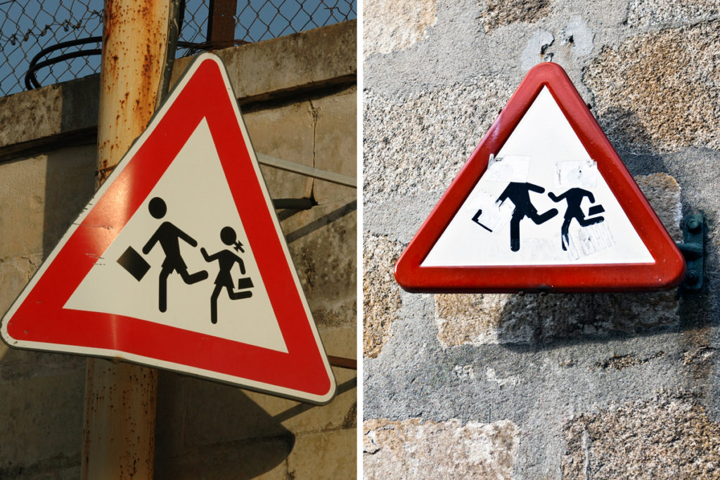 Similar signs from Italy and Spain, each with a thick red border and stylistically simple figures of a boy and a girl with no hands, feet, or clothing, who are running enthusiastically to school and are part of a series of school zone signs from different cultures. Image © Matthew71(Italian sign) and peeterv (Spanish sign)/iStock.