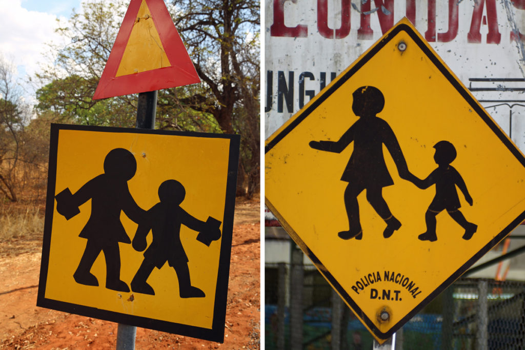 Two school zone signs from Zimbabwe (L) and Ecuador (R) show a more realistic style, each with a girl and a boy who have hands and feet and with even the suggestion of heels on the shoes on the Ecuador sign, and are part of a series of school zone signs from different cultures. Image © Ben185 (Zimbabwe) and ANPerryman (Ecuador)/iStock .