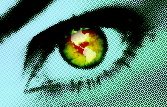 Eye with a map of North and South America in the iris to illustrate the world view of a person with a bilingual brain (Image © Stockbyte)