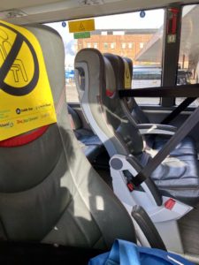 Seats on a bus in Ireland are blocked off during the pandemic to prevent the spread of the coronavirus. (Image © Joyce McGreevy)